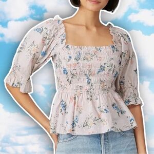 SAYLOR Clover Top Smocked Bodice Ruffle Peplum Hem Pastel Floral Light Pink